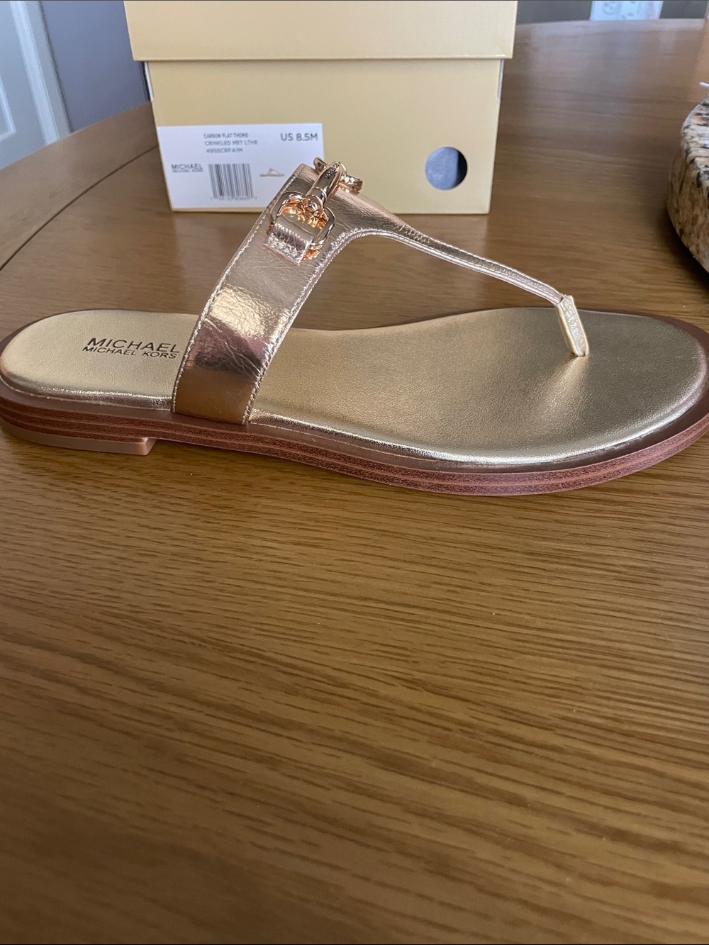 Michael Kors Metallic Pale Gold Leather T-Strap Sandals - Picture 6 of 8